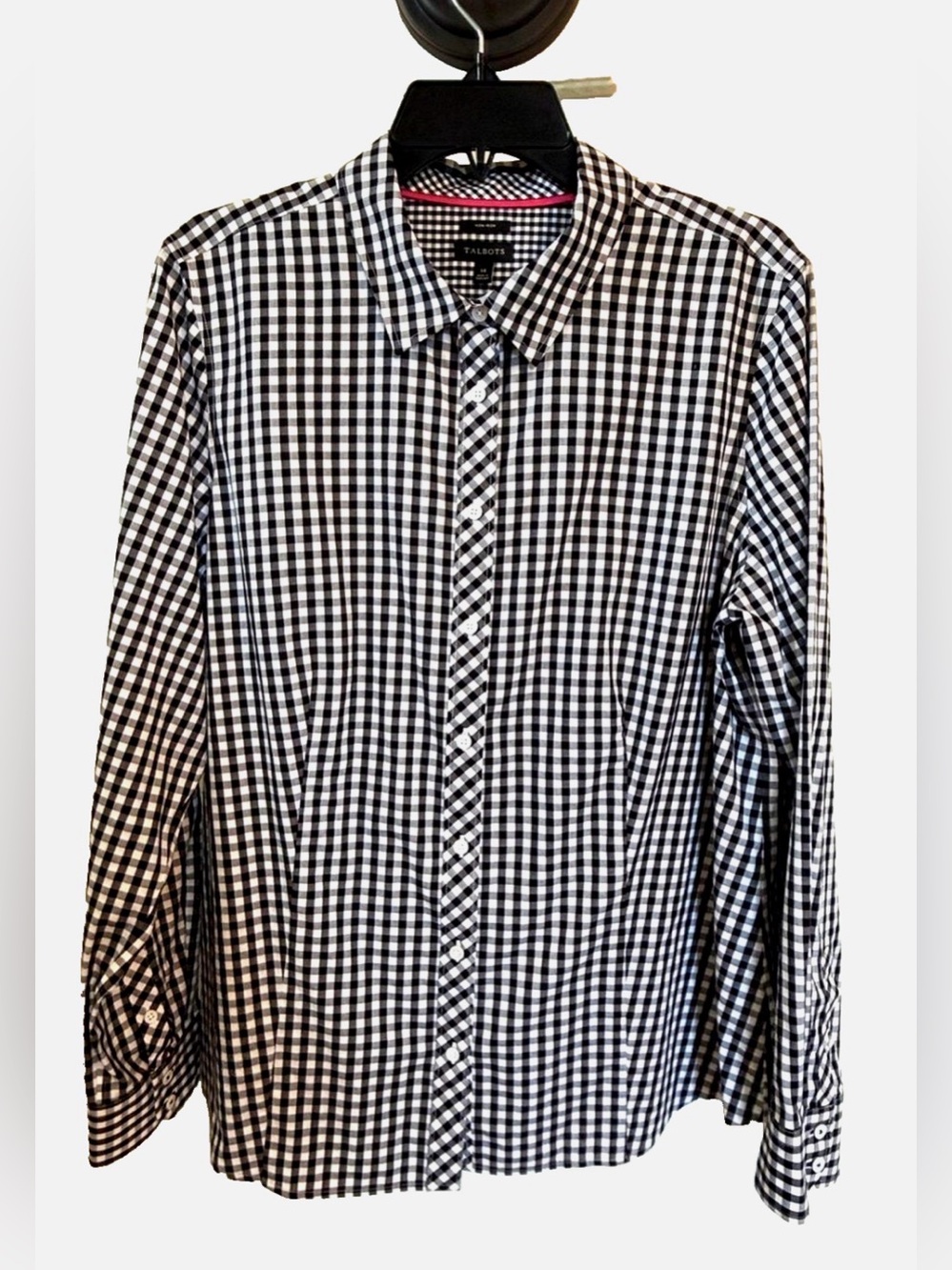 Talbots No Iron Gingham Button Down Shirt Black White Cotton Stretch Size 14